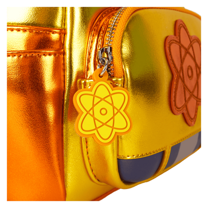 Metallic gold bag with a yellow atom symbol charm on a white background