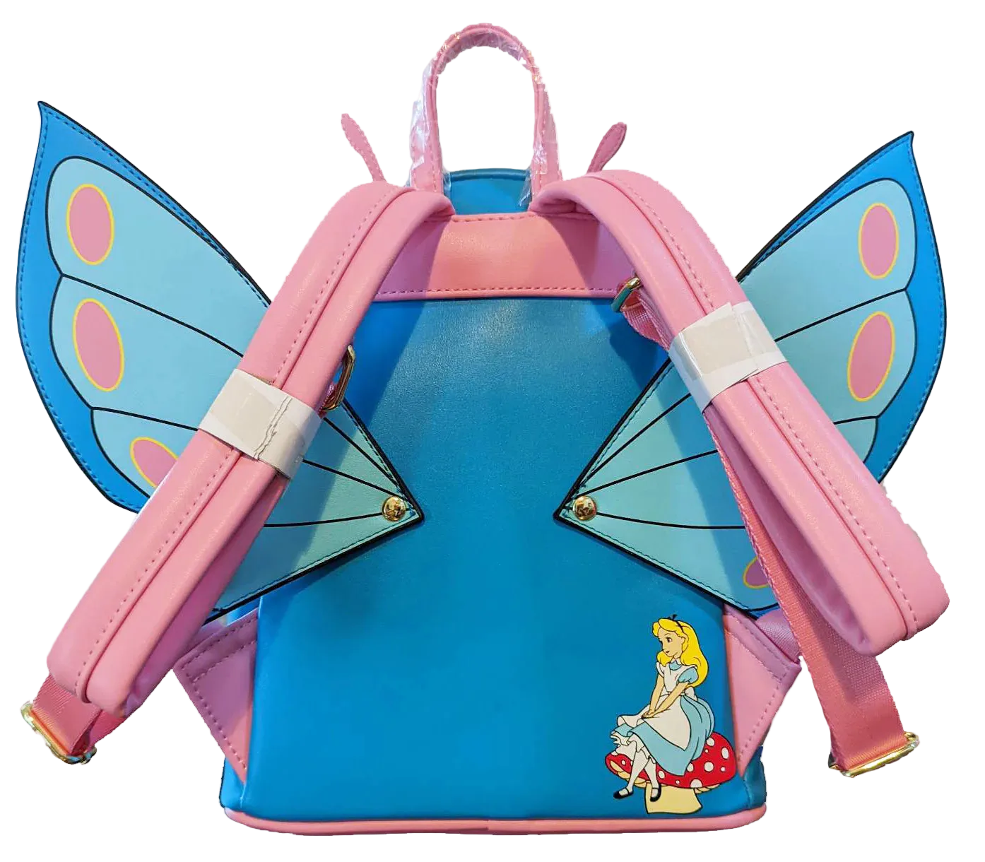 Backpack with butterfly wings and Alice in Wonderland design on a white background