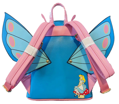 Backpack with butterfly wings and Alice in Wonderland design on a white background