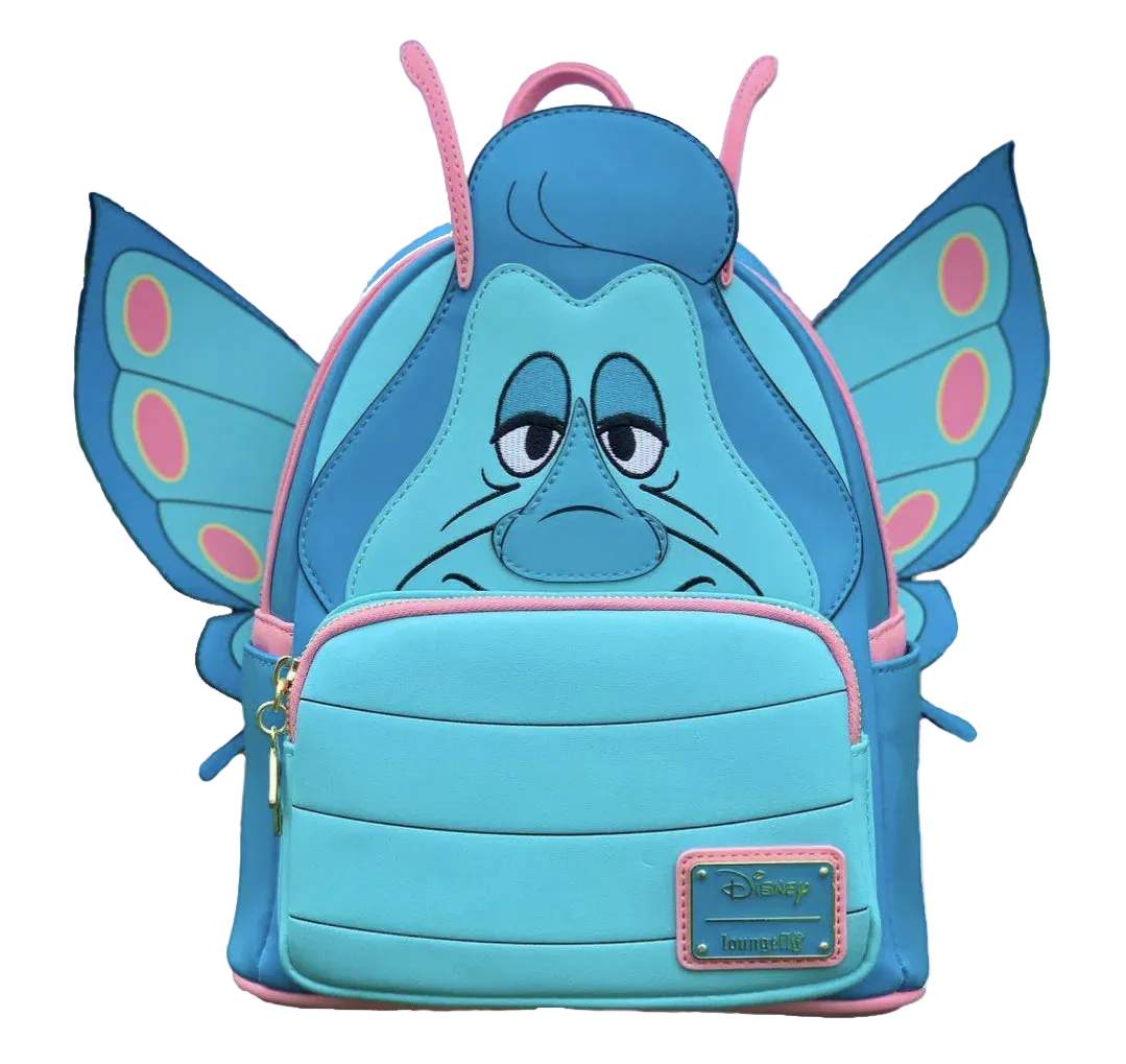 Backpack designed like a blue butterfly character with pink accents on a white background