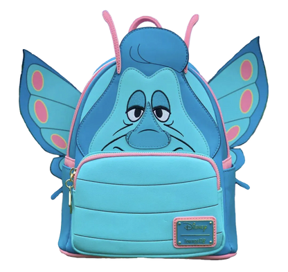 Backpack designed like a blue butterfly character with pink accents on a white background