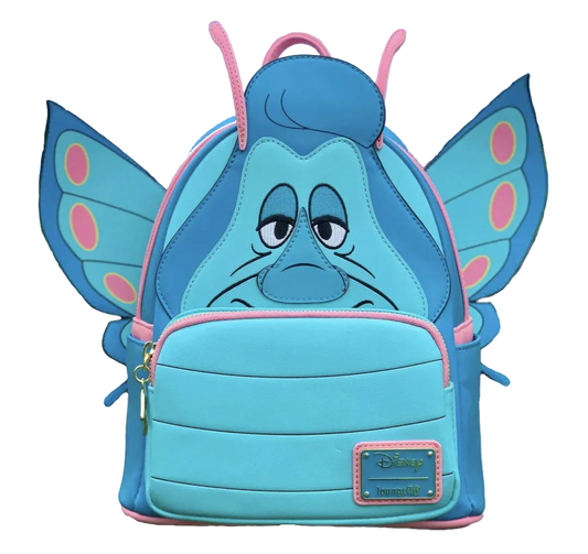 Backpack designed like a blue butterfly character with pink accents on a white background