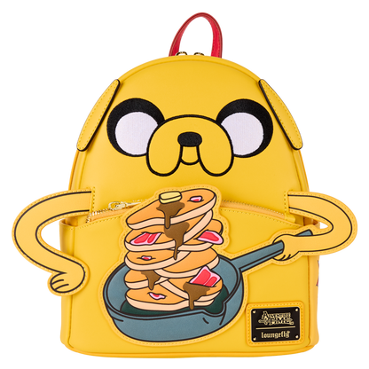 Yellow backpack with cartoon dog design holding pancakes, on a white background