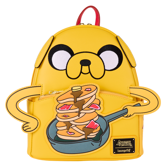 Yellow backpack with cartoon dog design holding pancakes, on a white background