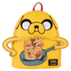 Yellow backpack with cartoon dog design holding pancakes, on a white background