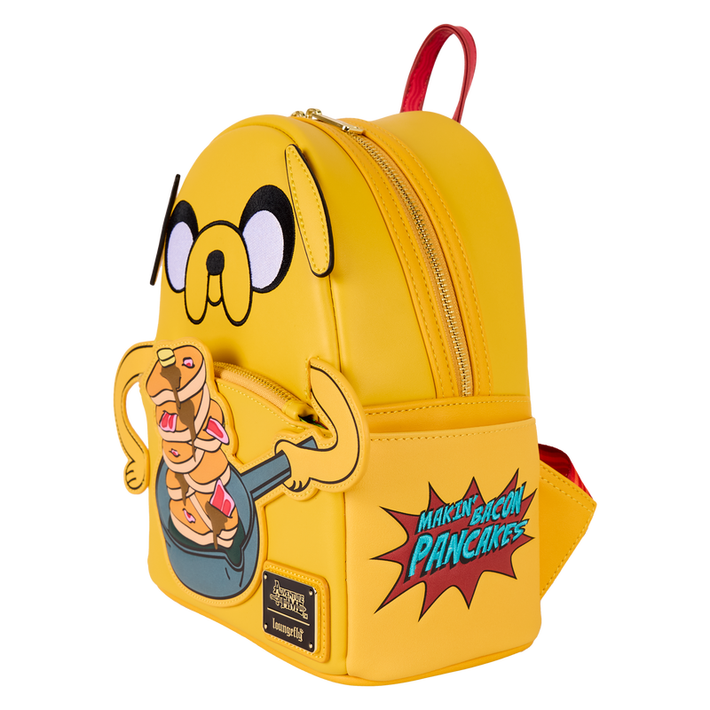 Yellow backpack with cartoon character design on a white background
