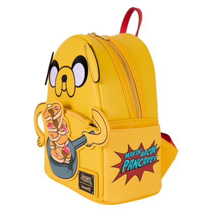 Yellow backpack with cartoon character design on a white background