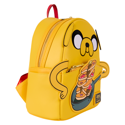 Yellow backpack with cartoon character holding a slice of pizza on a white background