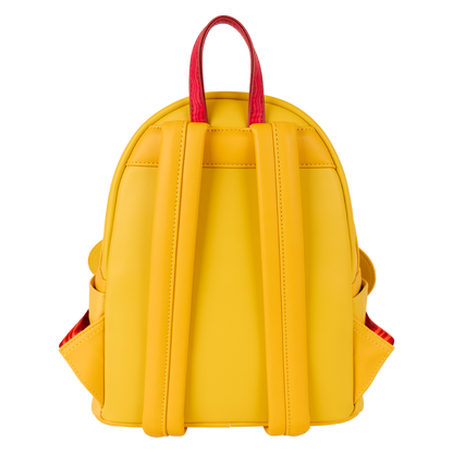 Yellow backpack with red straps on a white background