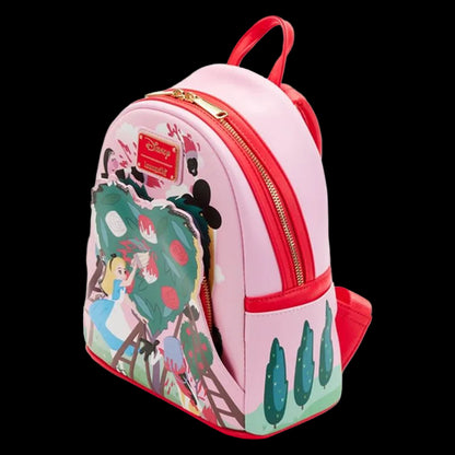 Pink backpack with Disney design featuring characters and scenery.