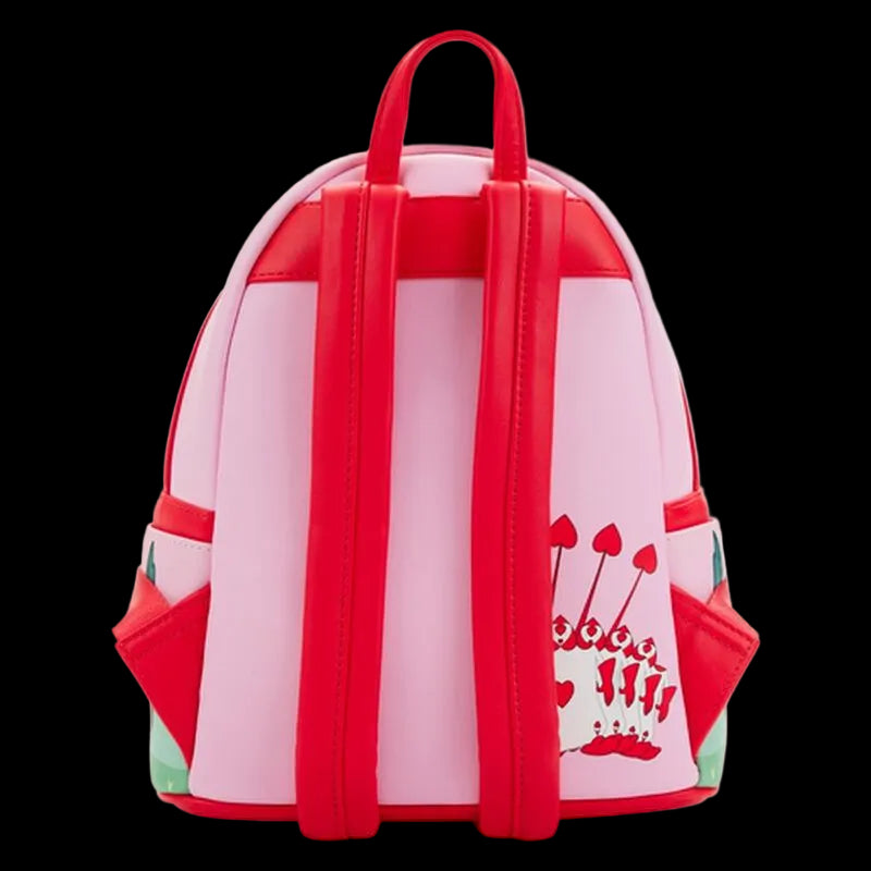 Backpack with red and pink design on a white background