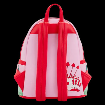 Backpack with red and pink design on a white background