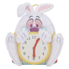 Plush toy of a cartoon character with rabbit ears holding a clock