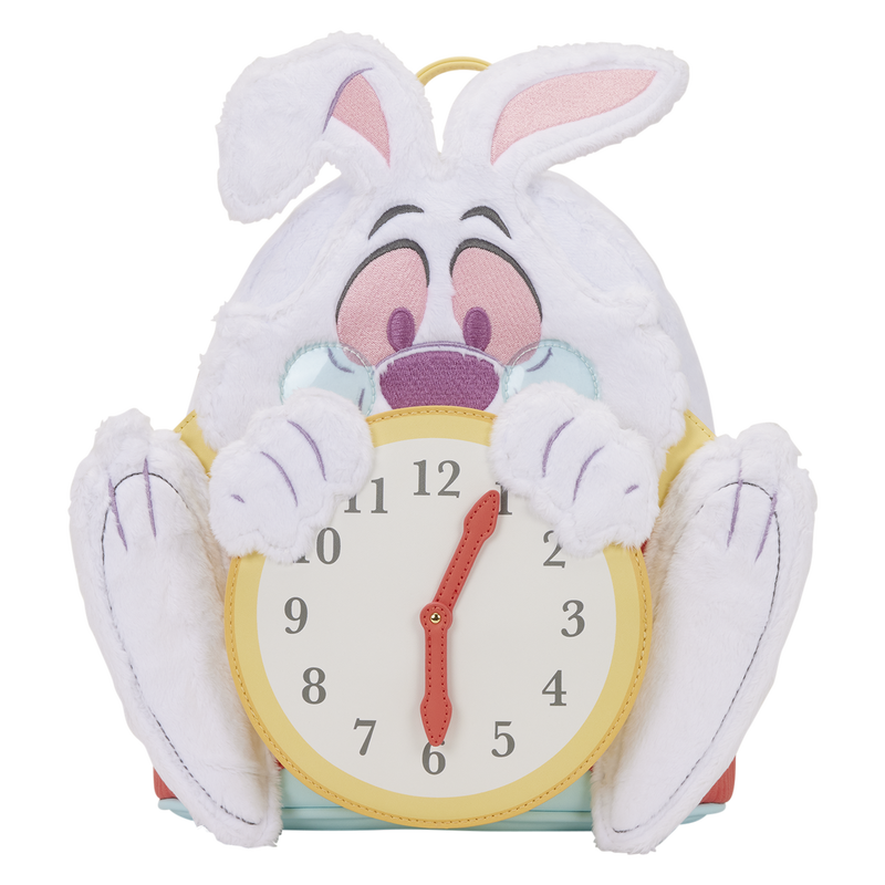 Plush toy of a cartoon character with rabbit ears holding a clock