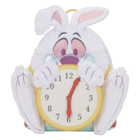 Plush toy of a cartoon character with rabbit ears holding a clock