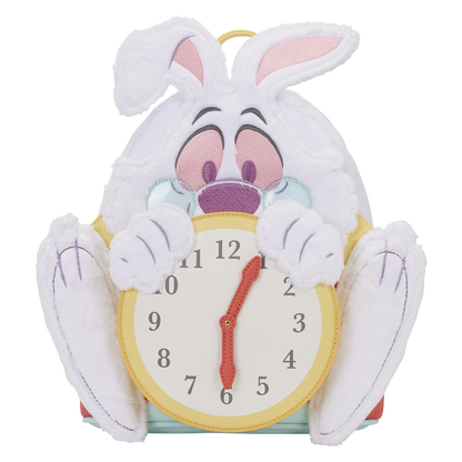 Plush toy of a cartoon character with rabbit ears holding a clock