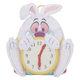 Plush toy of a cartoon character with rabbit ears holding a clock
