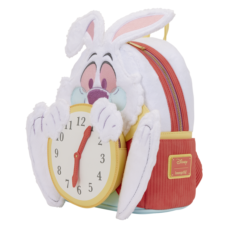 Plush backpack with a character design featuring a clock and rabbit ears on a white background.