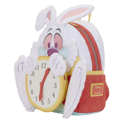 Plush backpack with a character design featuring a clock and rabbit ears on a white background.