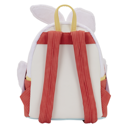 Backpack with pleated design and white top on a white background