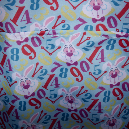 Fabric with cartoon character and colorful numbers on a blue background