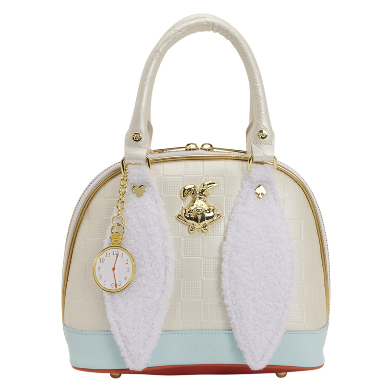 Handbag with white fluffy wings and a pocket watch charm on a white background