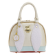Handbag with white fluffy wings and a pocket watch charm on a white background