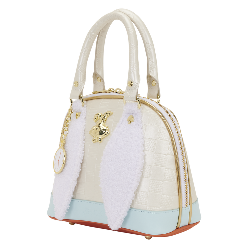 Cream-colored handbag with white fur trim and gold accents on a white background