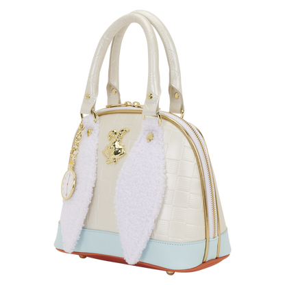 Cream-colored handbag with white fur trim and gold accents on a white background