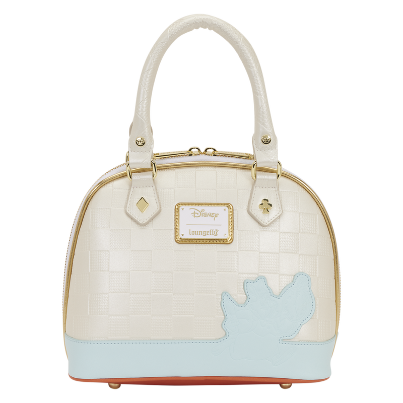 White handbag with a blue accent and Disney logo on a white background