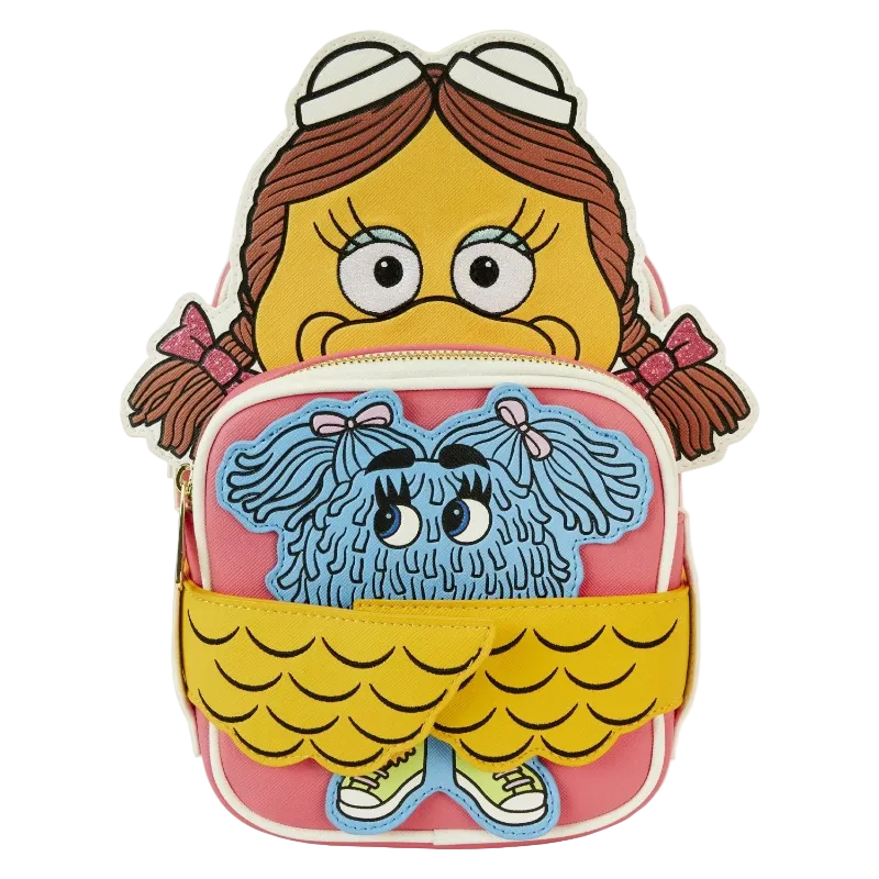 Cartoon character backpack with a blue creature design on a white background