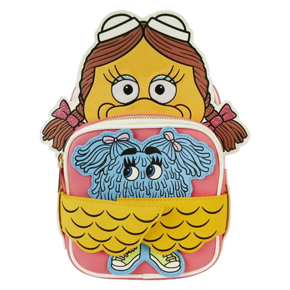 Cartoon character backpack with a blue creature design on a white background