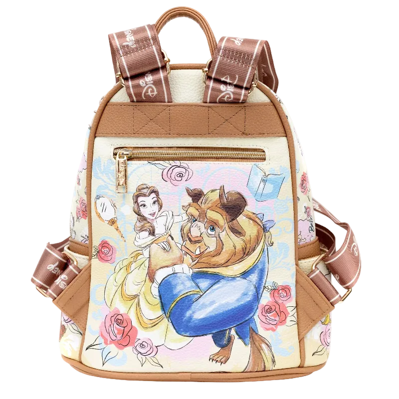 A Disney Beauty and Beast themed backpack featuring an illustrated print of the couple on the front, with tan faux-leather trim, brown patterned shoulder straps, and a gold zipper.