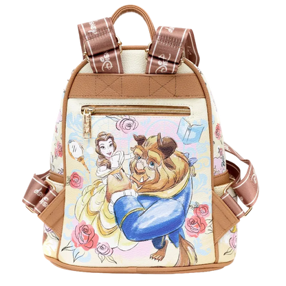 A Disney Beauty and Beast themed backpack featuring an illustrated print of the couple on the front, with tan faux-leather trim, brown patterned shoulder straps, and a gold zipper.