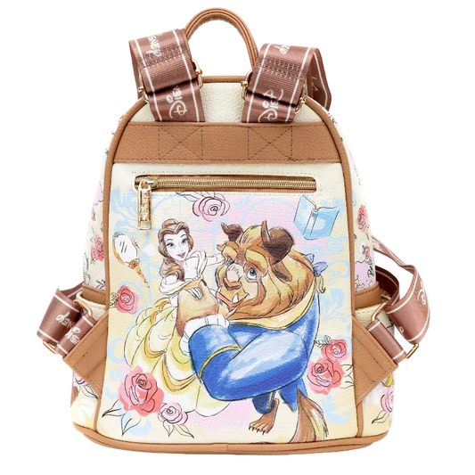 A Disney Beauty and Beast themed backpack featuring an illustrated print of the couple on the front, with tan faux-leather trim, brown patterned shoulder straps, and a gold zipper.