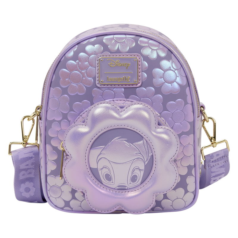 Lavender backpack with floral design and Disney character face, featuring Loungefly branding.