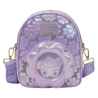 Lavender backpack with floral design and Disney character face, featuring Loungefly branding.