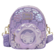Lavender backpack with floral design and Disney character face, featuring Loungefly branding.