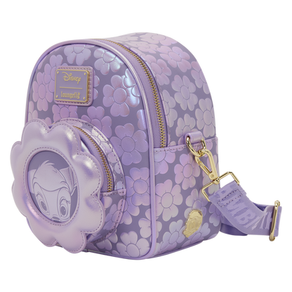 Purple floral-patterned backpack with character face on a clear background