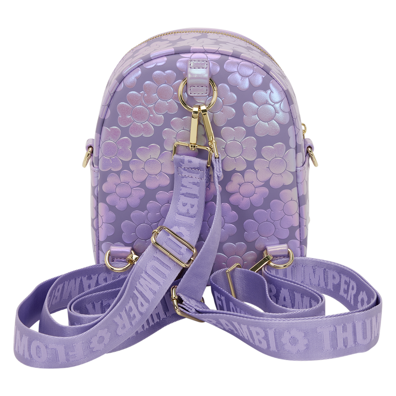 Purple floral-patterned backpack with matching strap on a white background