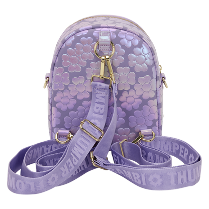 Purple floral-patterned backpack with matching strap on a white background