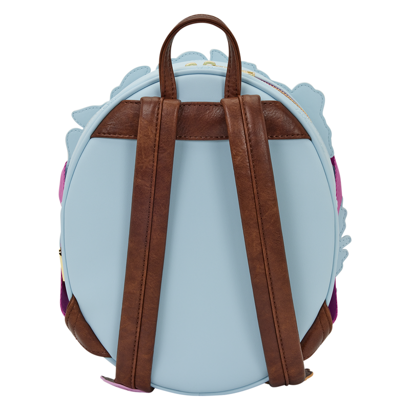 Light blue backpack with brown straps on a white background