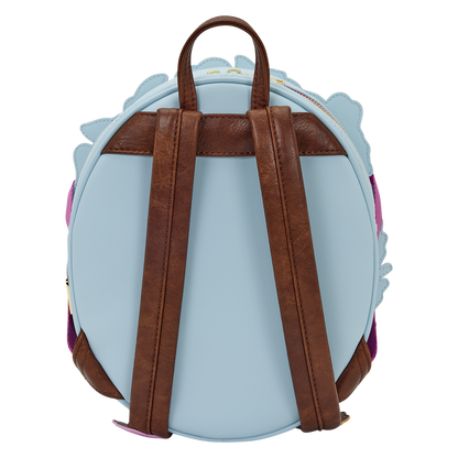 Light blue backpack with brown straps on a white background