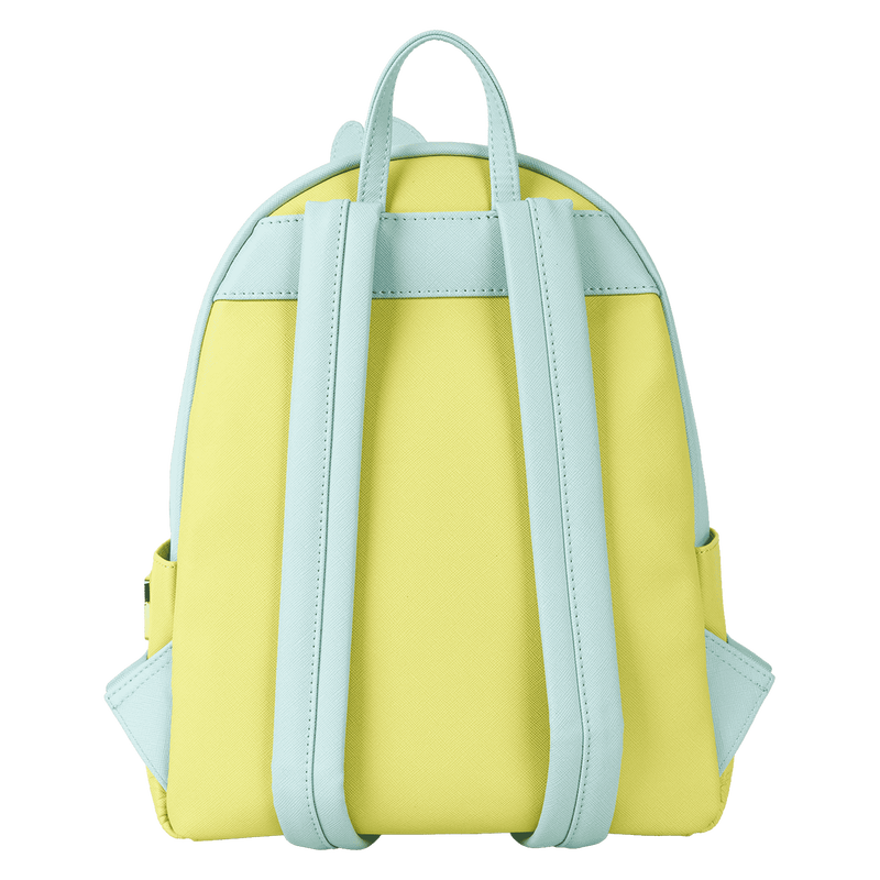 Yellow backpack with light blue straps on a white background