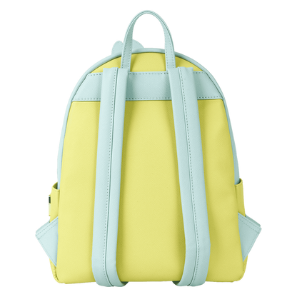Yellow backpack with light blue straps on a white background