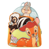 Backpack with cartoon characters including a deer, skunk, and rabbit on a white background
