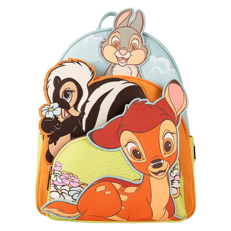 Backpack with cartoon characters including a deer, skunk, and rabbit on a white background