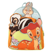 Backpack with cartoon characters including a deer, skunk, and rabbit on a white background