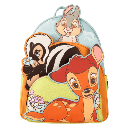 Backpack with cartoon characters including a deer, skunk, and rabbit on a white background
