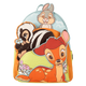 Backpack with cartoon characters including a deer, skunk, and rabbit on a white background